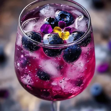 Spritz Myrtille-Violette & Crème de Cassis : l’apéritif fleuri qui fait danser l’été 4 Verre de spritz myrtille-violette décoré de pétales comestibles et de myrtilles fraîches sur fond lumineux