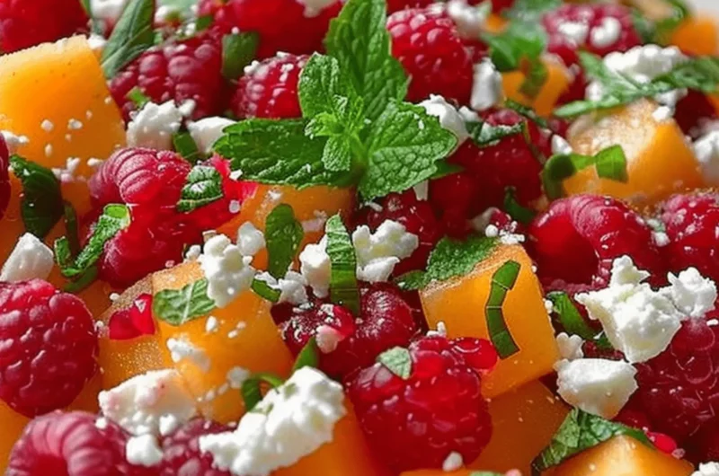Salade fraîche d’été avec dés de melon, framboises, feta émiettée et feuilles de menthe dans un bol blanc