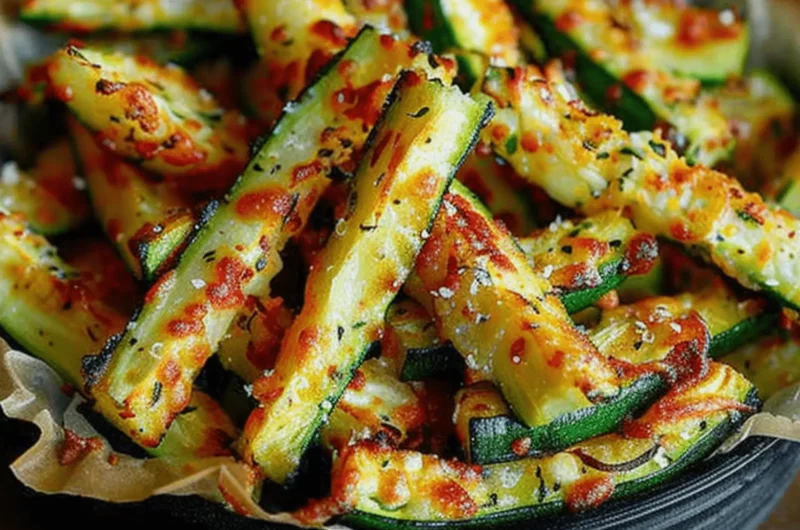 Frites de courgettes dorées au four avec parmesan et herbes, servies dans un bol noir sur du papier cuisson.
