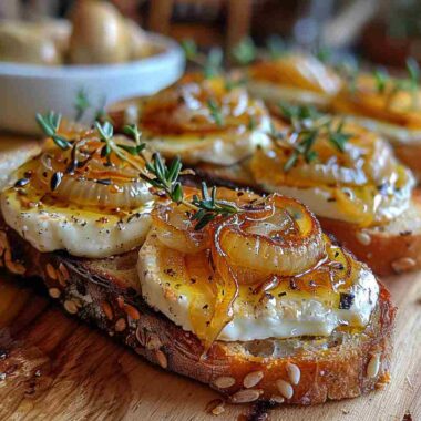 Toasts croustillants au chèvre chaud et oignons caramélisés : une douceur salée-sucrée à savourer 3 Toasts croustillants au chèvre chaud et oignons caramélisés