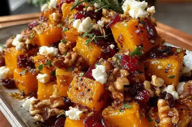 Courge Butternut Caramélisée à la Feta, Noix et Glaçage Cranberry-Miel