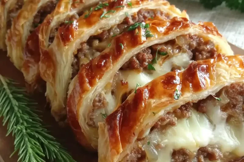 Roulé feuilleté de Noël à la viande hachée et fromage fondant