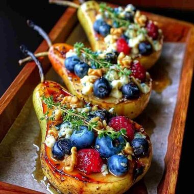 Poires rôties aux fruits rouges, miel, noix et fromage bleu, le dessert qui murmure l’automne 4 Poires rôties aux fruits rouges, miel, noix et fromage bleu