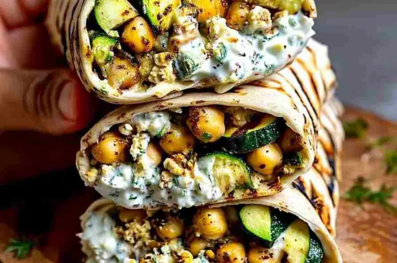 Wraps de courgettes grillées pois chiches et feta au yaourt aux herbes
