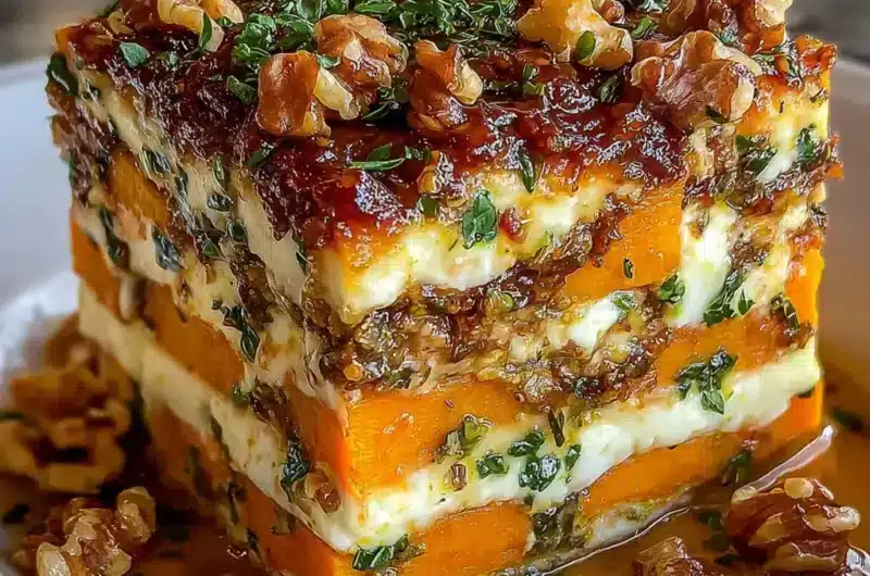 Lasagnes de légumes rôtis, feta, noix et glaçage miel-canneberge