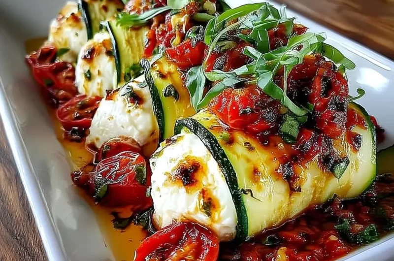 Rouleaux de courgettes farcies à la burrata crémeuse, glaçage à la tomate