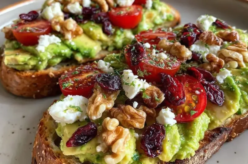 Toast à l’avocat, feta, tomates cerises, canneberges & noix