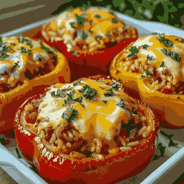 Poivrons farcis au bœuf, riz et fromage gratiné, la recette généreuse qui parfume toute la maison 3 Poivrons Farcis au Bœuf, Riz et Fromage Gratiné