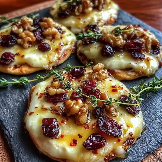 Mini pizzas au brie, canneberges et noix grillées