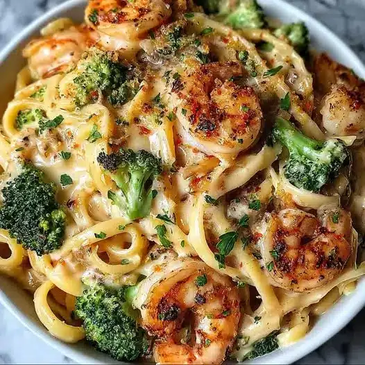 Linguine Crémeuses aux Crevettes, Brocoli et Sauce Alfredo