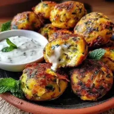 Boulettes de Pois Chiches et Courgettes au Four, Sauce Yaourt Citronnée : le soleil dans l’assiette 3 Boulettes de Pois Chiches et Courgettes au Four