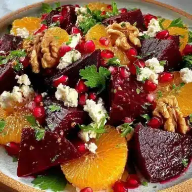 Salade de betteraves rôties aux agrumes, feta et éclats croquants : une assiette qui raconte l’hiver en lumière 4 Salade de betteraves rubis et d’agrumes avec grenade, feta et noix grillées
