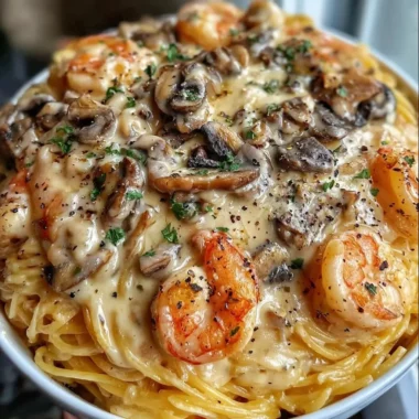 Spaghetti aux crevettes et champignons, Alfredo au fromage à la crème : une étreinte crémeuse entre terre et mer 3 Spaghetti aux crevettes et champignons
