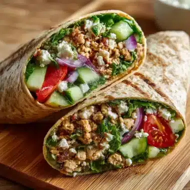 Wrap de poulet haché méditerranéen à la feta et au miel chaud, une évasion gourmande entre douceur et caractère 4 Wrap de poulet haché méditerranéen à la feta et au miel chaud