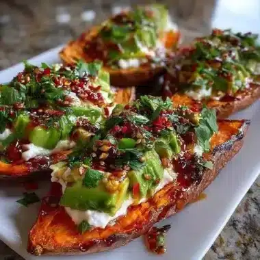 Peaux de patates douces garnies : feta fouettée, avocat et miel pimenté 4 Peaux de patates douces garnies
