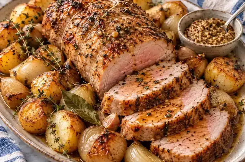 Rôti de porc en cocotte et pommes de terre fondantes