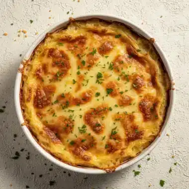 Tartiflette au Reblochon : Le Classique Savoyard Incontournable 6 Tartiflette au Reblochon gratinée et dorée dans un plat en céramique blanche, vue de dessus.