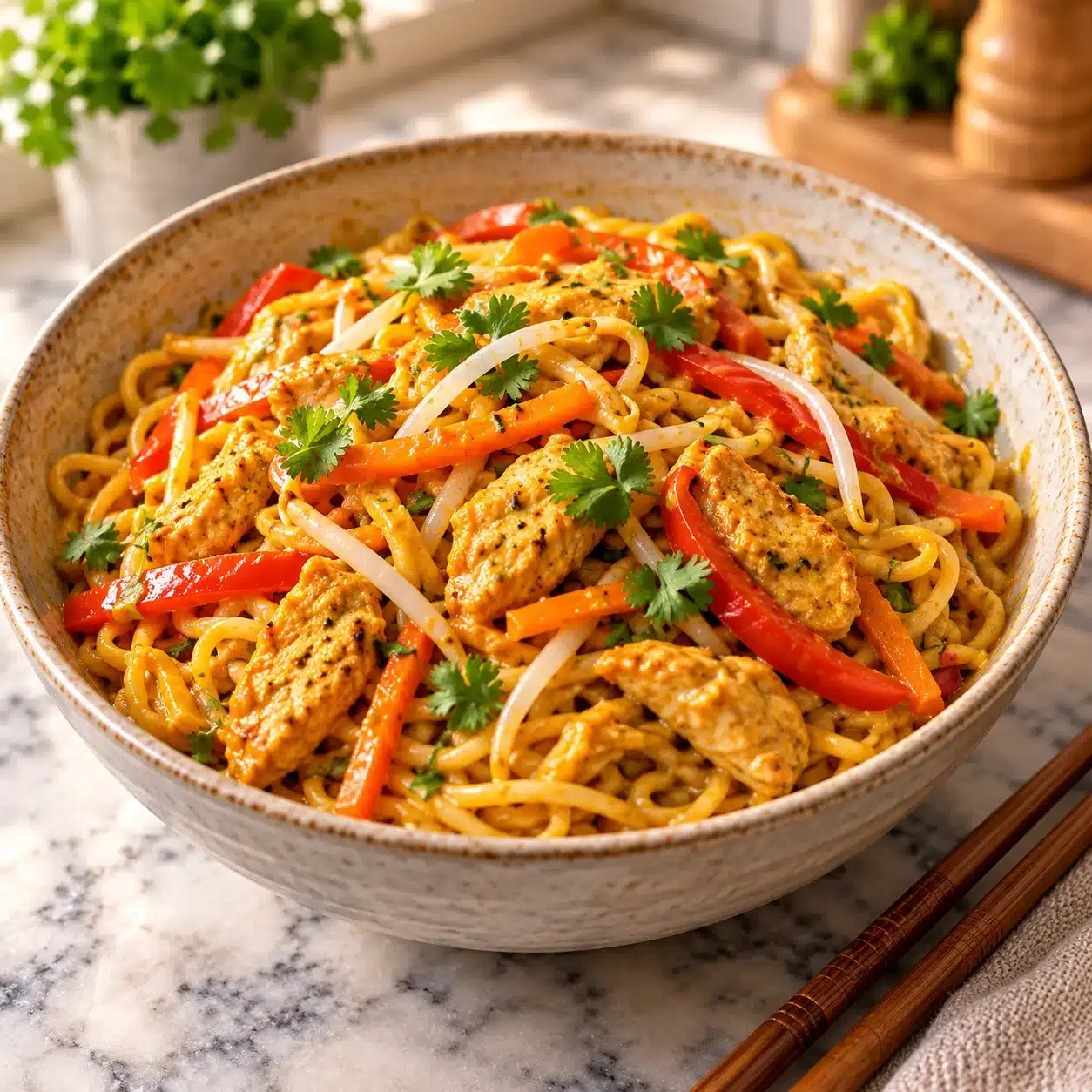 Wok de Nouilles au Poulet : Curry Doux et Lait de Coco 2 Wok de Nouilles au Poulet : Curry Doux et Lait de Coco