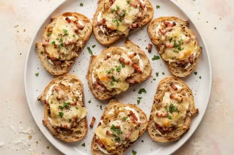 Bruschettas au fromage à raclette fondu, oignons fondants, lardons et persil