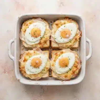 Croque-madame au four, gratiné à l’emmental 6 Croque-madames au four gratinés à l’emmental, chacun surmonté d’un œuf.