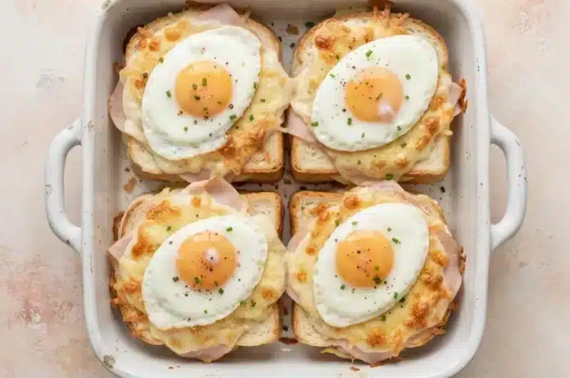 Croque-madames au four gratinés à l’emmental, chacun surmonté d’un œuf.