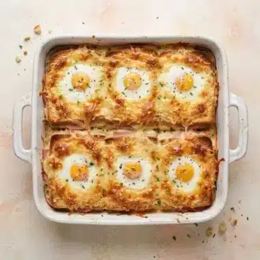 Croque-madame géant au four, gratiné et généreux 6 Croque-madame géant gratiné au four avec six œufs sur le dessus