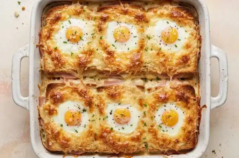 Croque-madame géant gratiné au four avec six œufs sur le dessus