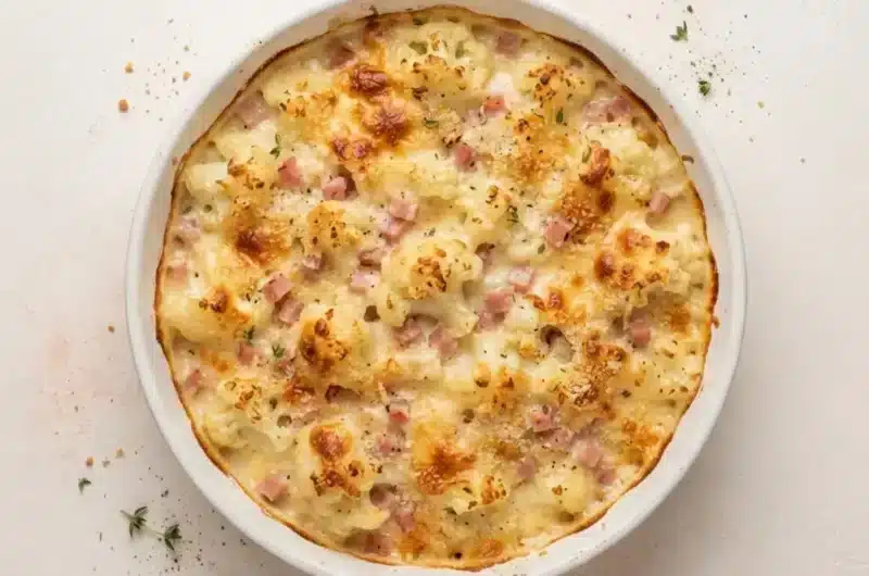 Gratin de chou-fleur à la raclette et au jambon avec une chapelure dorée