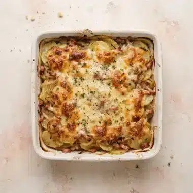 Gratin de pommes de terre à la raclette et aux oignons 5 Gratin de pommes de terre à la raclette, aux oignons et aux lardons, doré au four