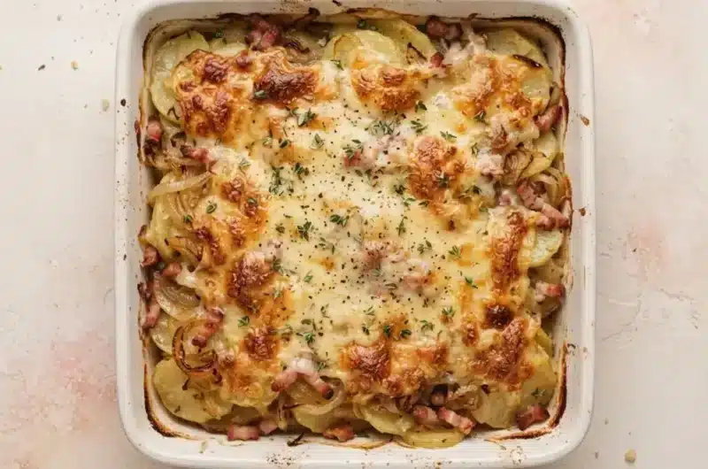 Gratin de pommes de terre à la raclette, aux oignons et aux lardons, doré au four